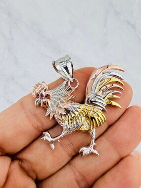 925 Sterling Silver Rooster Pendant | Three -Tone Rooster | Red Eye | Farm Gallo